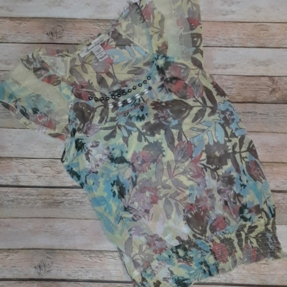 American Rag Floral Beaded Sheer Top Blouse Yellow‎ XS